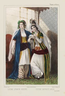 D’après une photographie de Frédéric Goupil-Fesquet, Deux femmes d’Izmir (Smyrne), 1839. Parue dans Voyage d’Horace Vernet en Orient, Paris, 1843. La femme à gauche porte des vêtements contemporains ; celle de droite, un costume traditionnel. © Collection Engin Özendes. D’après une photographie de Frédéric Goupil-Fesquet, Deux femmes d’Izmir (Smyrne), 1839. Parue dans Voyage d’Horace Vernet en Orient, Paris, 1843. La femme à gauche porte des vêtements contemporains ; celle de droite, un costume traditionnel. © Collection Engin Özendes.